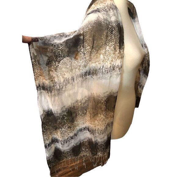 Reptile print near sheer fringed shawl or scarf swimsuit cover - Picture 2 of 7